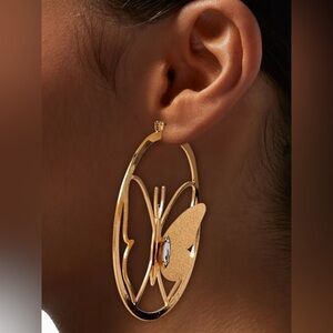 Gold-tone Glitter Dusted Butterfly Hoop Earrings